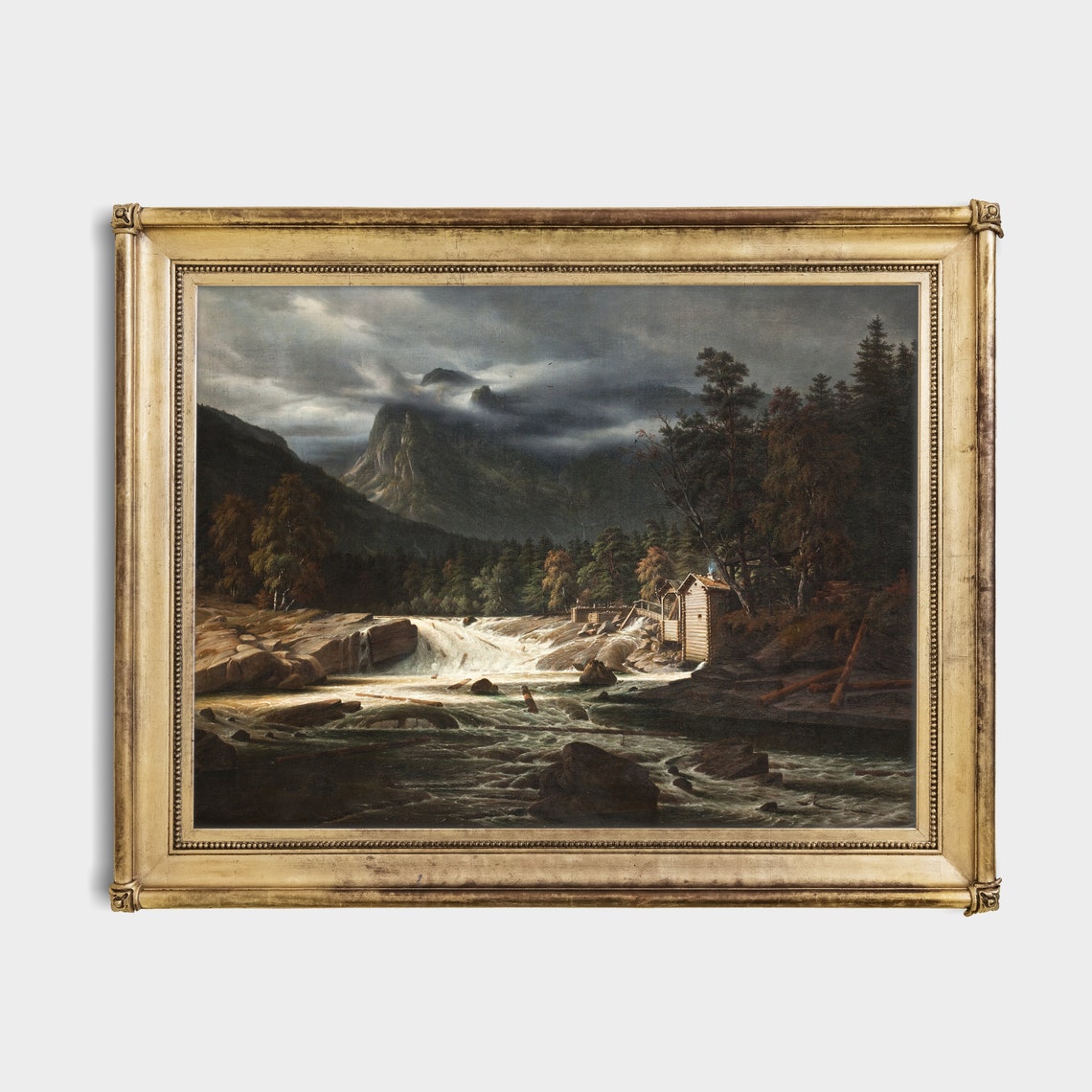 Mountain Waterfall with a Log Cabin Under Dark Storm Clouds Poster - Image 2