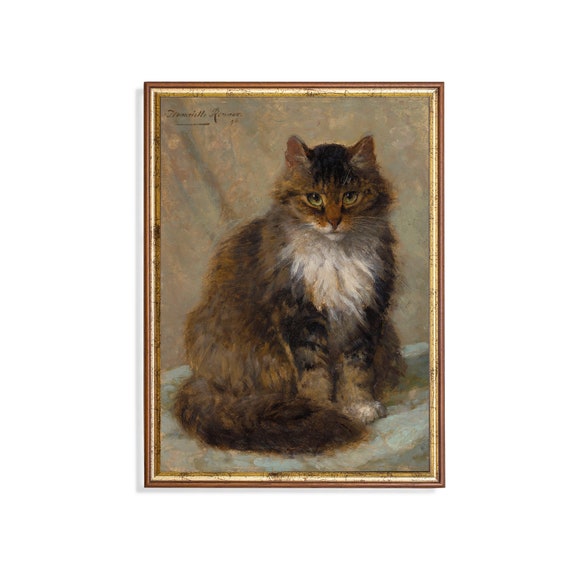 Printed And Shipped Vintage Cat Portrait Painting Antique Animal Print Rustic Moody Kitten Artwork Farmhouse Decor Physical Prints