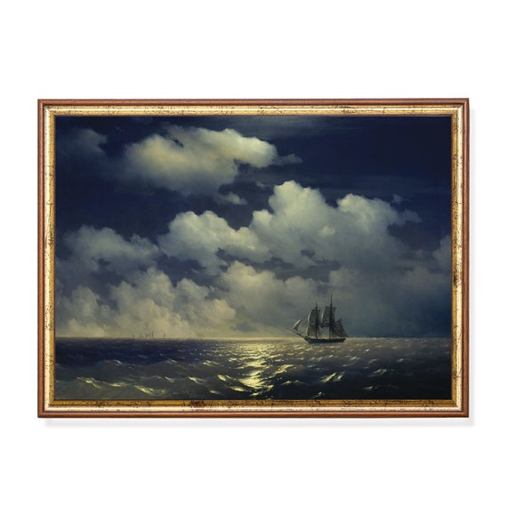 Printed And Shipped Sailboat Painting Moody Dark Rustic Antique Print Seascape Vintage Wall Art Nautical Decor Physical Print