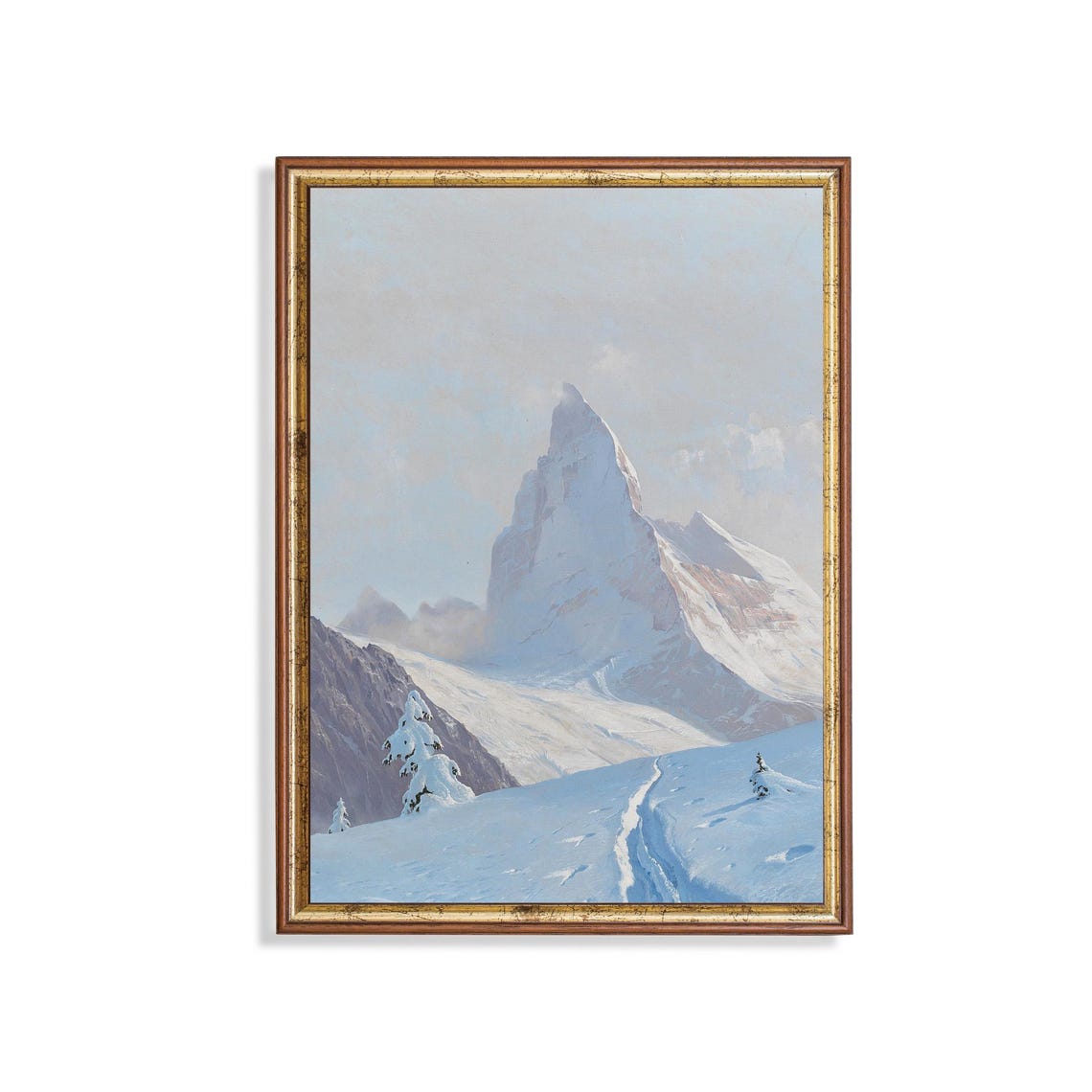 Majestic Snow-Covered Alpine Peak Vintage Winter Mountain Poster