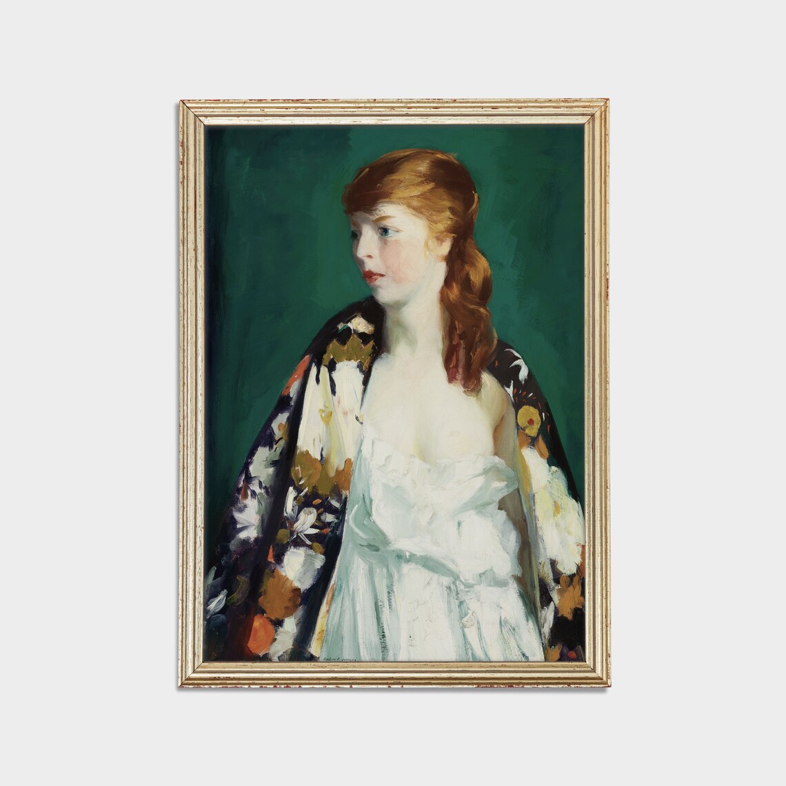 Red Haired Woman In Floral Kimono Portrait Antique Painting Art Poster - Image 2