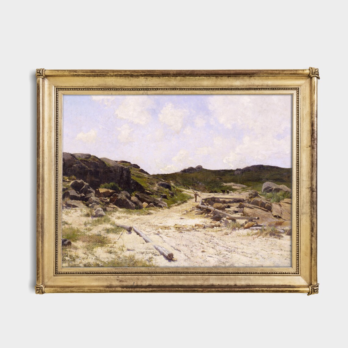Rocky River Crossing Hikers Antique Coastal Landscape Painting Poster - Image 3
