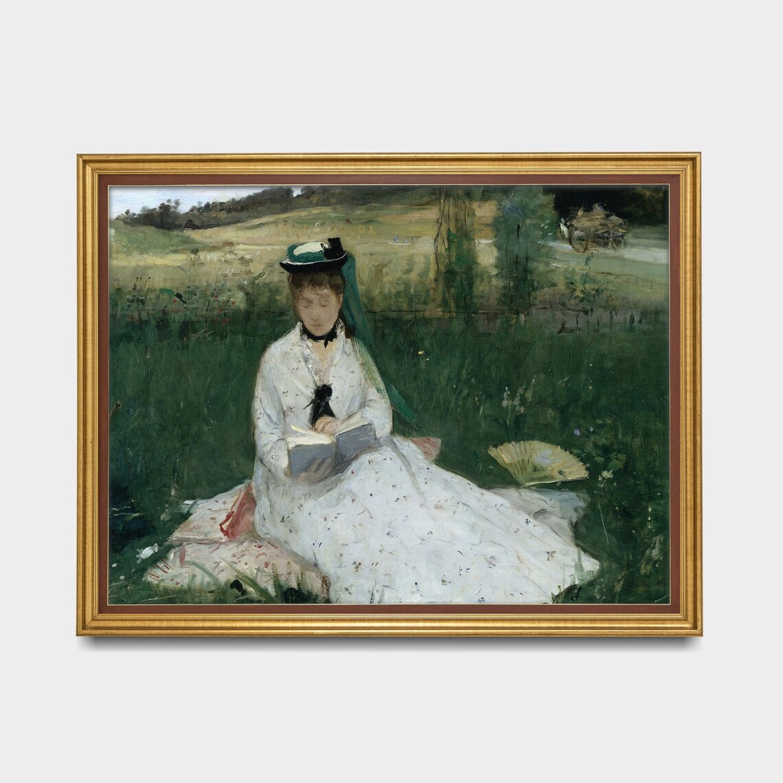 Woman Reading a Book in a Sunny Meadow Vintage Painting Poster - Image 3