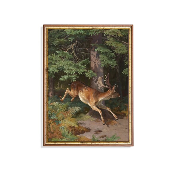 Leaping Fallow Deer Stag in a Sunlit Pine Forest Clearing Poster