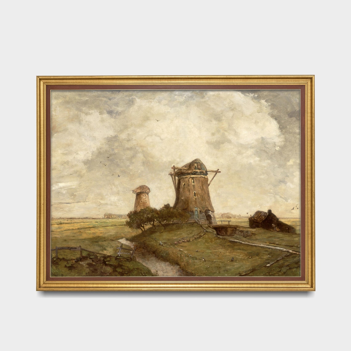 Dutch Windmills Under Cloudy Sky Canal Vintage Landscape Poster - Image 2