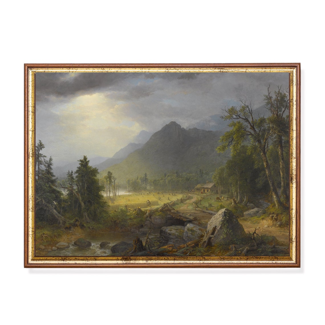 Grand Mountain Valley with a Cabin and Stream at Dawn Poster