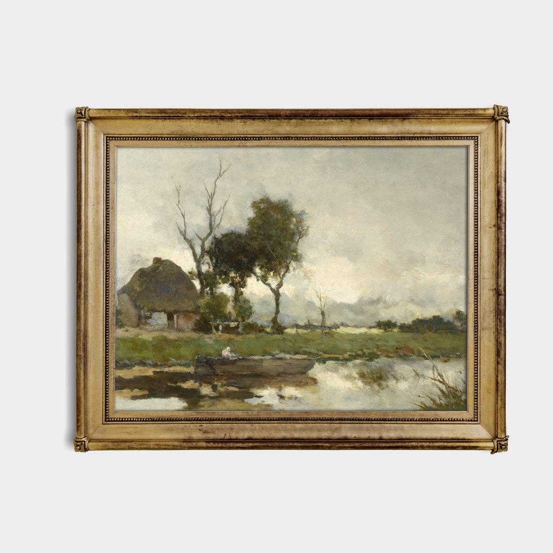 Thatched Cottage by a Still Pond Rustic Antique Landscape Art Poster - Image 2