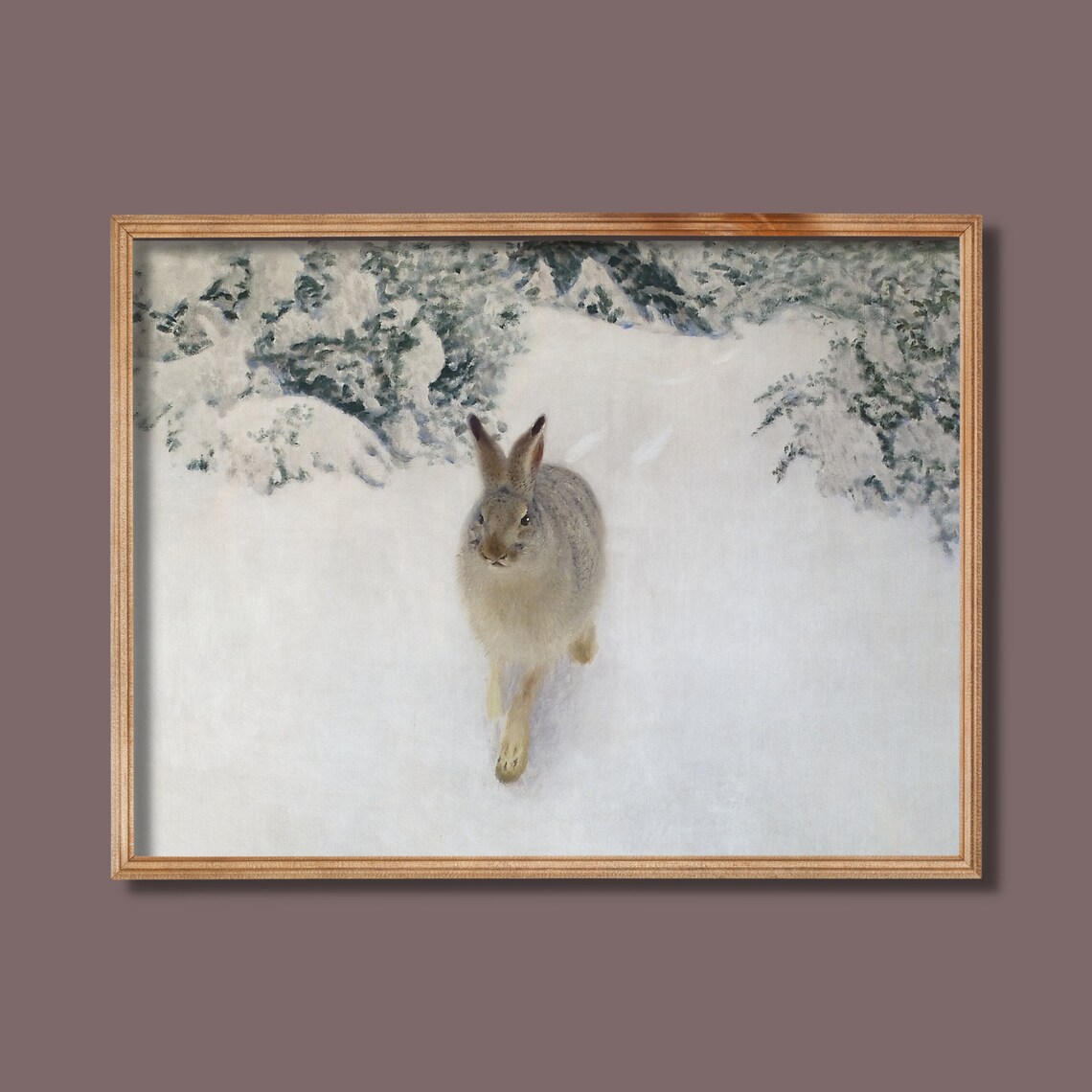 Hare Running Through Deep Snow Vintage Winter Wildlife Painting Poster - Image 3
