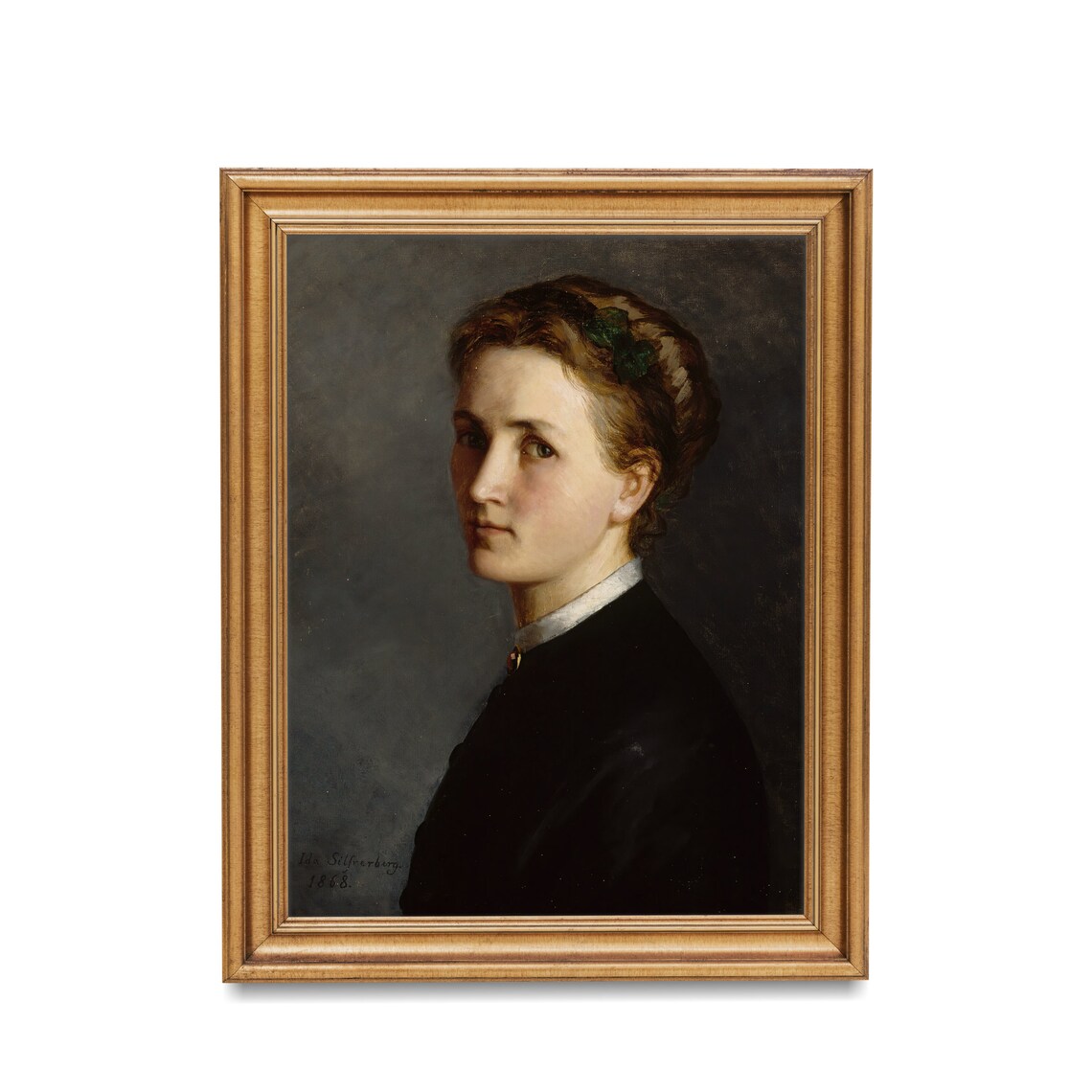Antique 1868 Moody Woman Portrait Dark Oil Painting Signed Fine Art Poster - Image 2