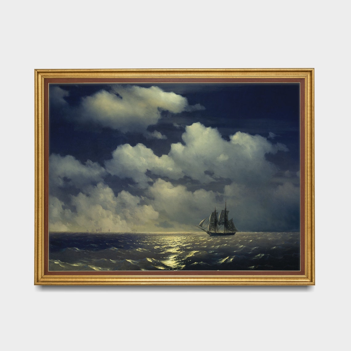 Sailing Ship Under Moonlit Clouds Night Ocean Vintage Marine Poster - Image 3