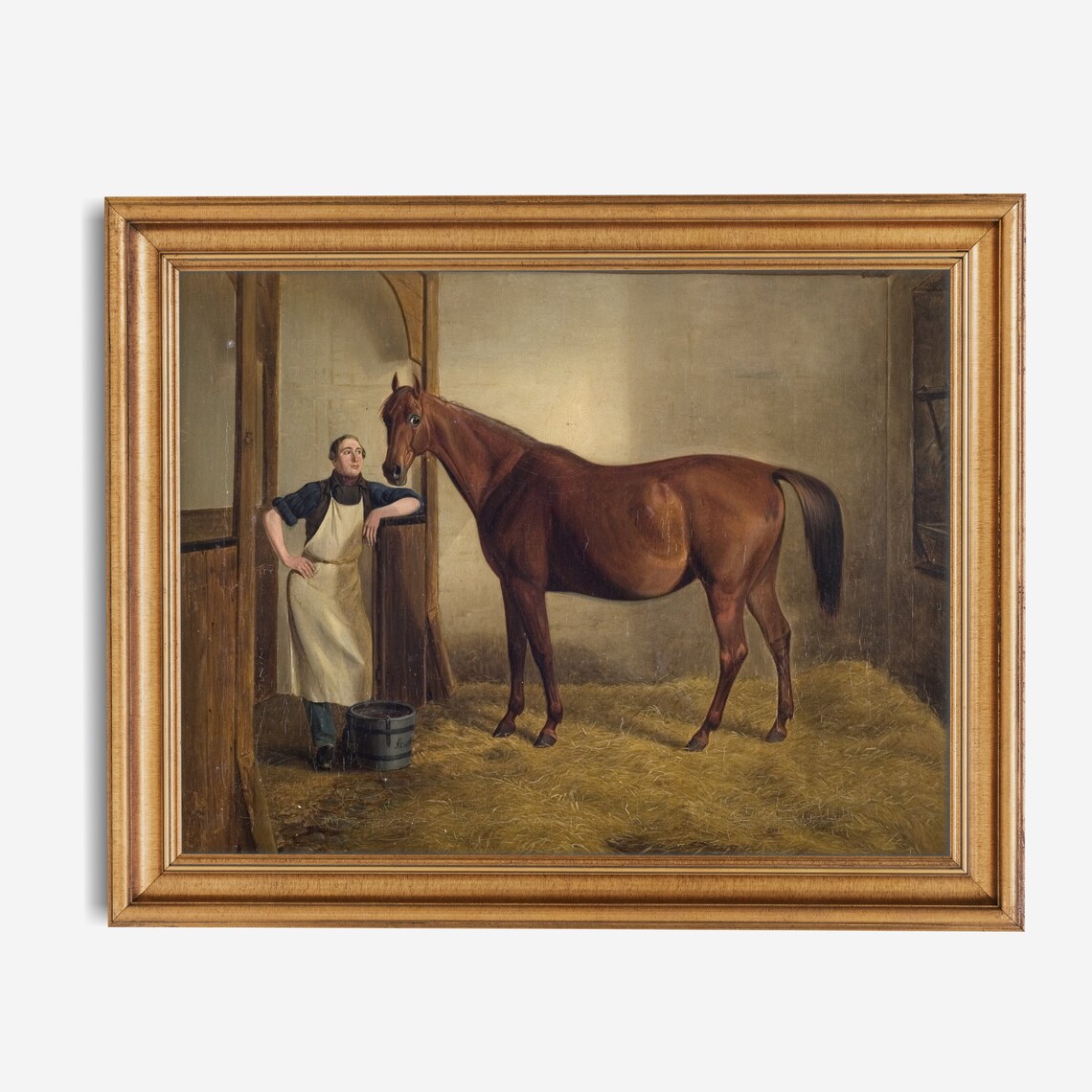 Bay Horse in Stable with Groom Vintage Equestrian Stable Scene Poster - Image 3