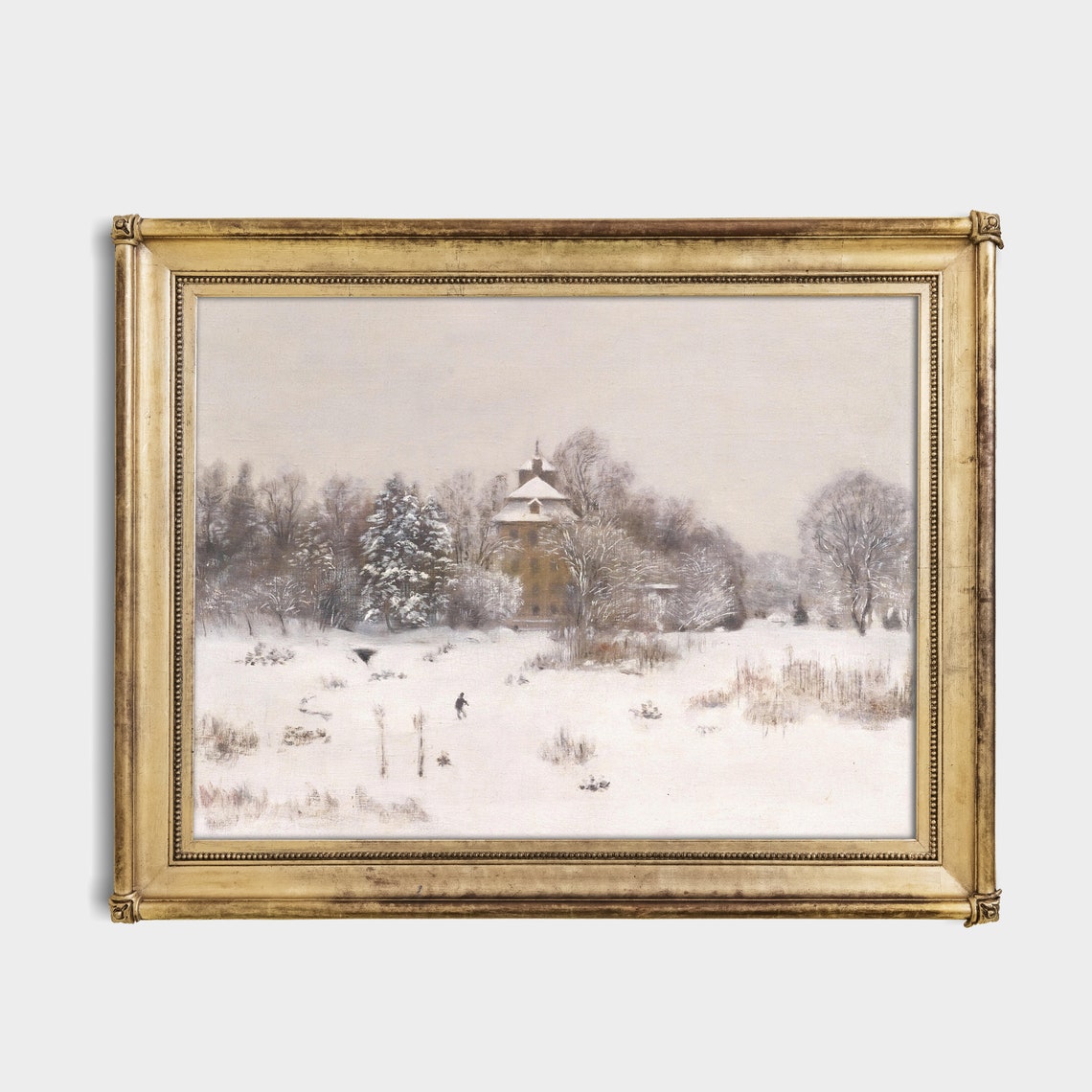 Snowy Manor House With a Tall Church Tower Behind Trees Poster - Image 2