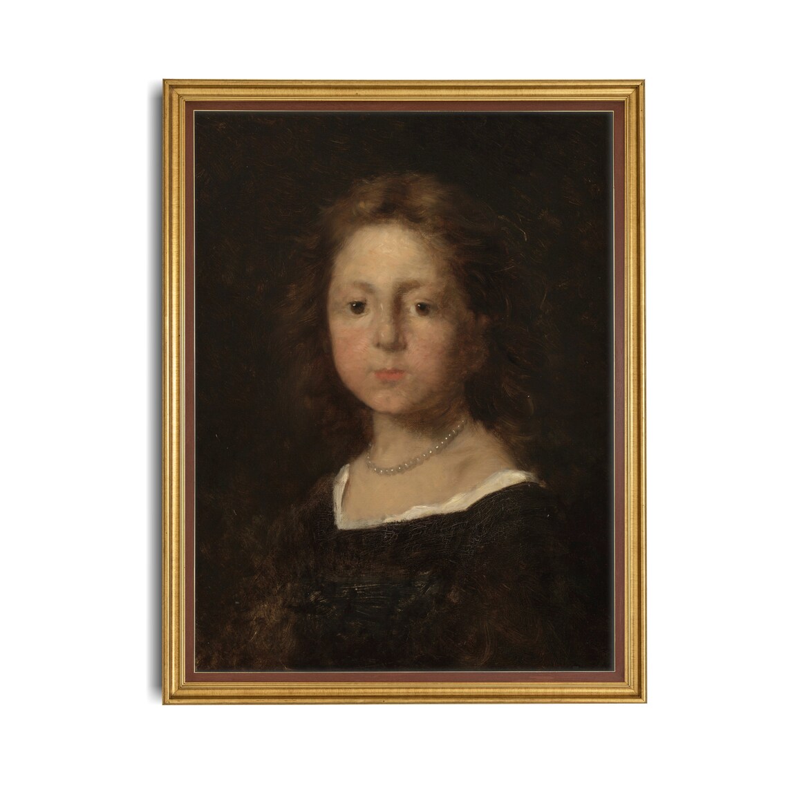 Young Girl Pearl Necklace Dark Vintage Portrait Painting Poster - Image 2