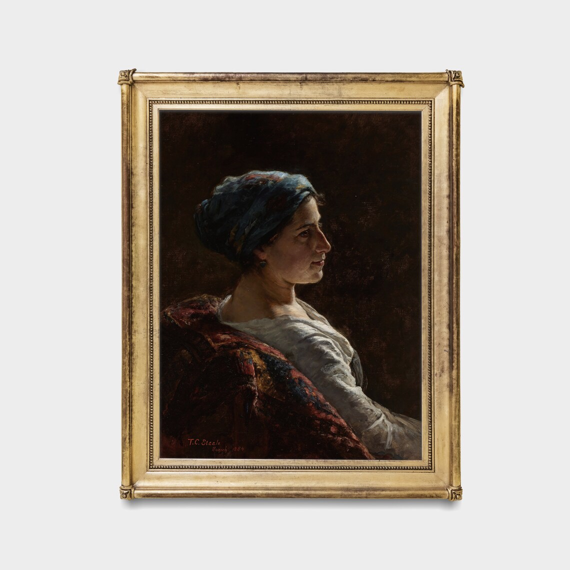 Woman In Blue Headscarf In Profile Signed T C Steele Dark Portrait Poster - Image 4
