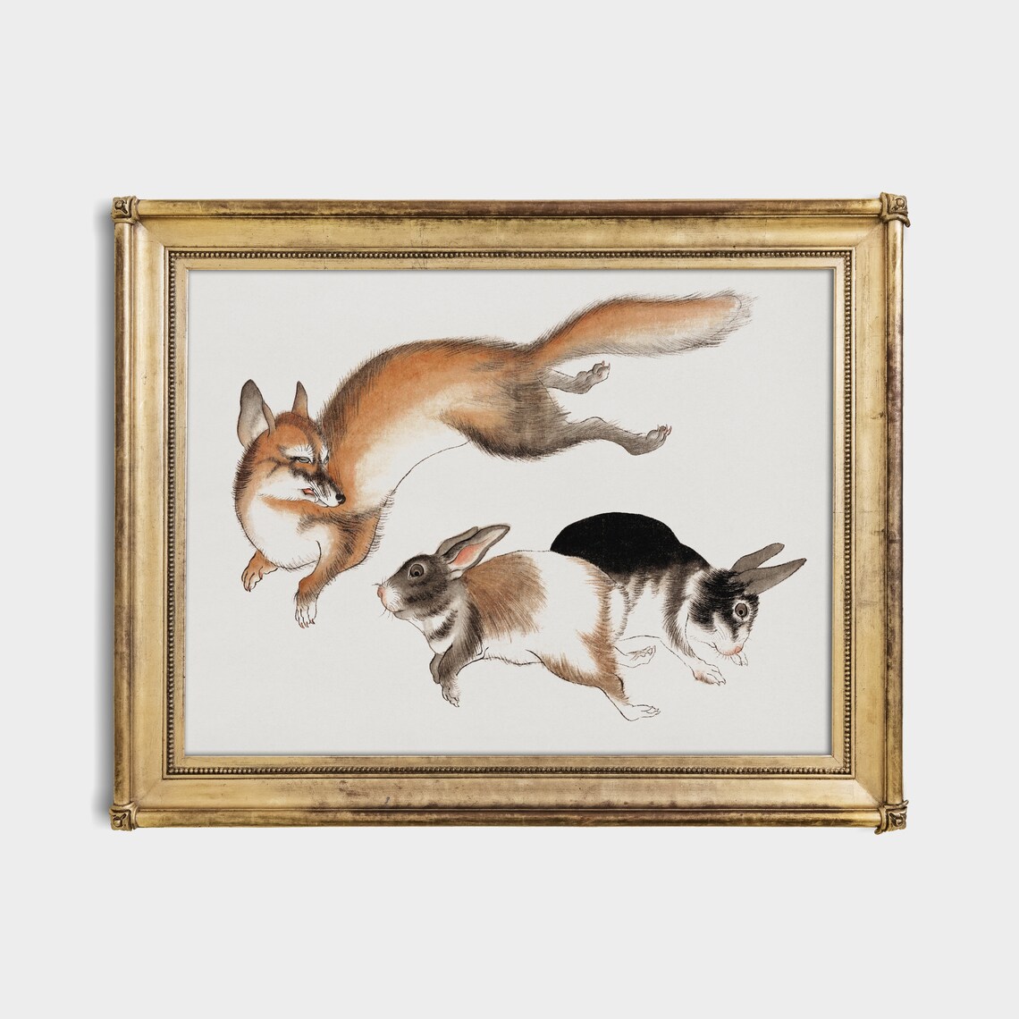 Leaping Fox Chasing Two Hares Japanese Ink Style Animal Art Poster - Image 4