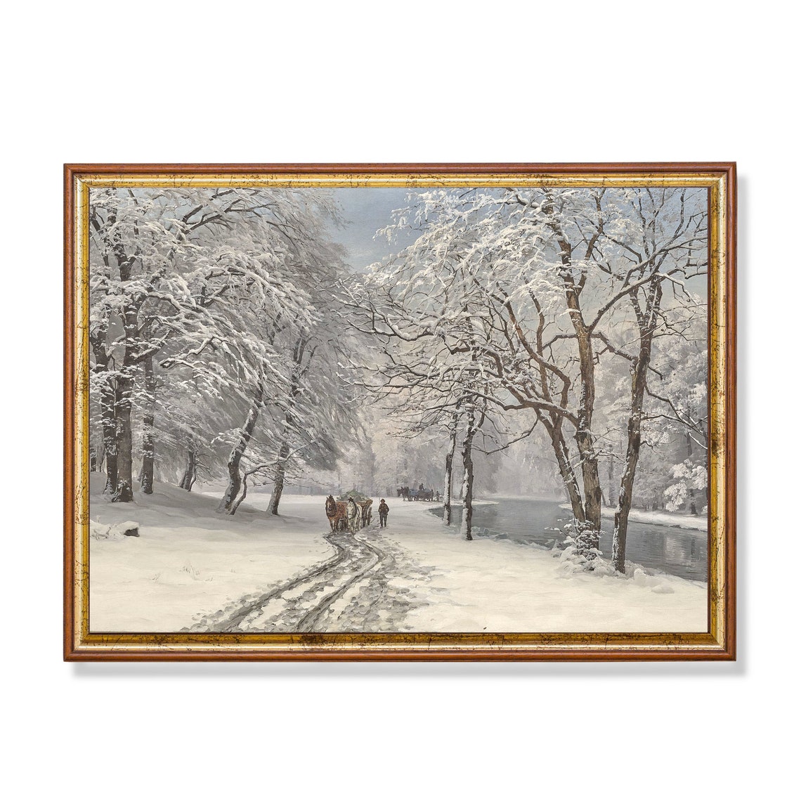 Frosty Riverside Road with Horse-Drawn Sledges Classic Poster