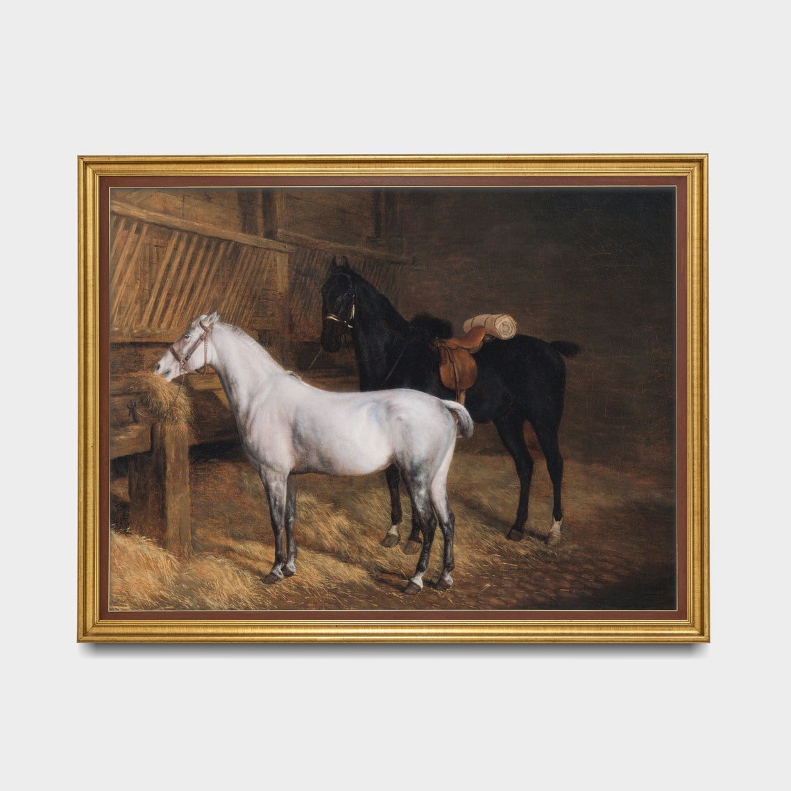 White and Black Saddled Horses Eating Hay in a Stable Poster - Image 5