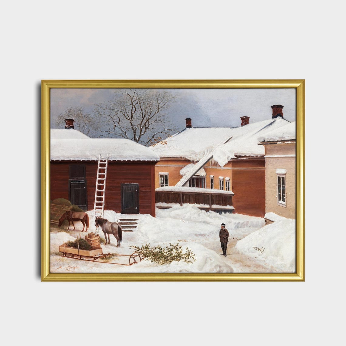 Snowy Farmyard Horses Sleigh Icicle Roofs Winter Scene Poster - Image 2