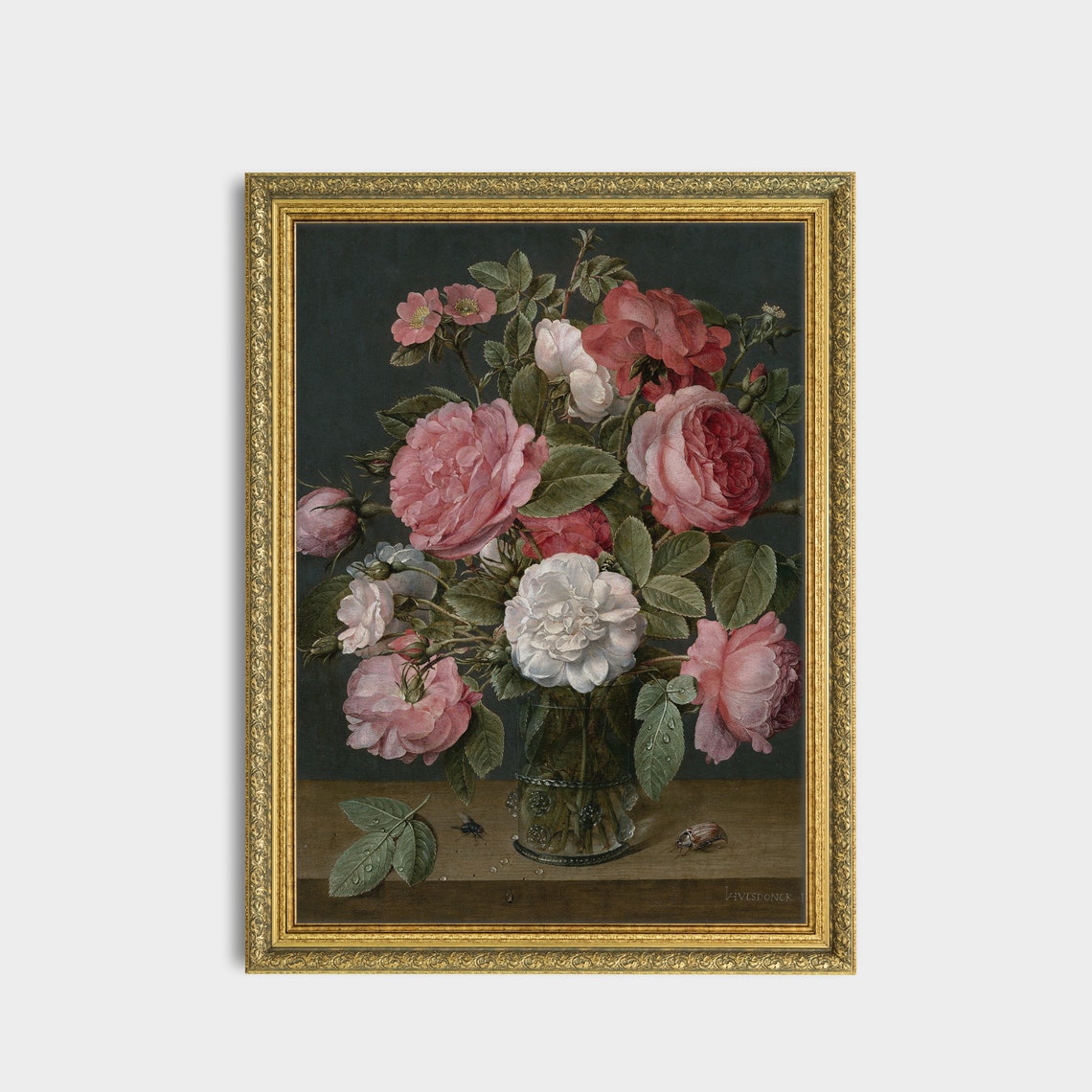 Pink and White Roses in a Glass Vase Dutch Still Life Poster - Image 3