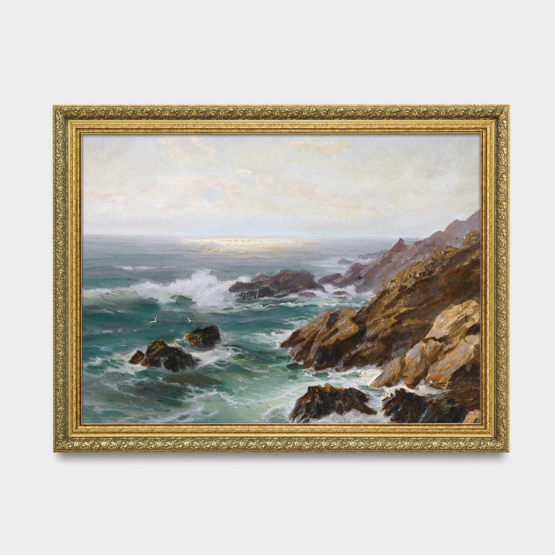 Waves Breaking on Rocky Cliffs Vintage Coastal Painting Poster - Image 3