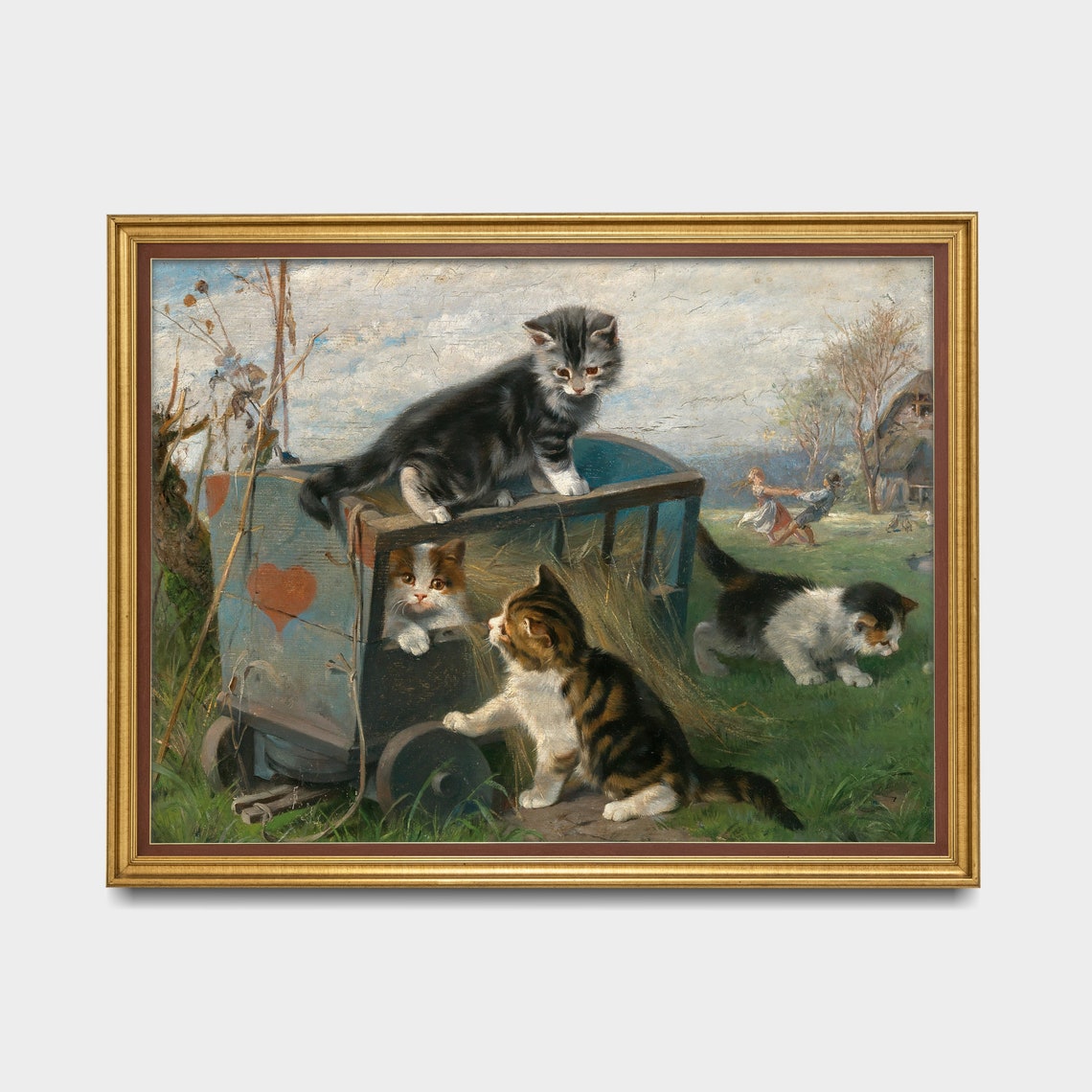 Vintage Kittens Playing Hay Cart Meadow Farm Animal Painting Poster - Image 3