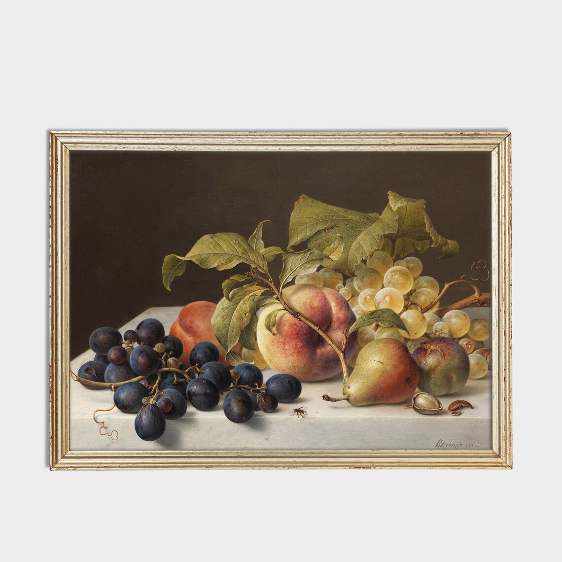 Still Life of Grapes Peaches and Pears Antique Fruit Painting Print - Image 2