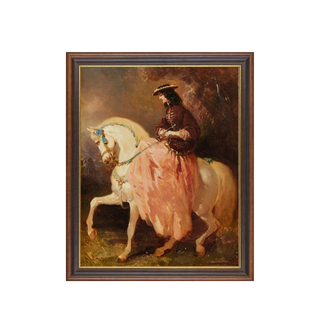 Elegant Lady On A Prancing White Horse In Pink Gown Vintage Poster
