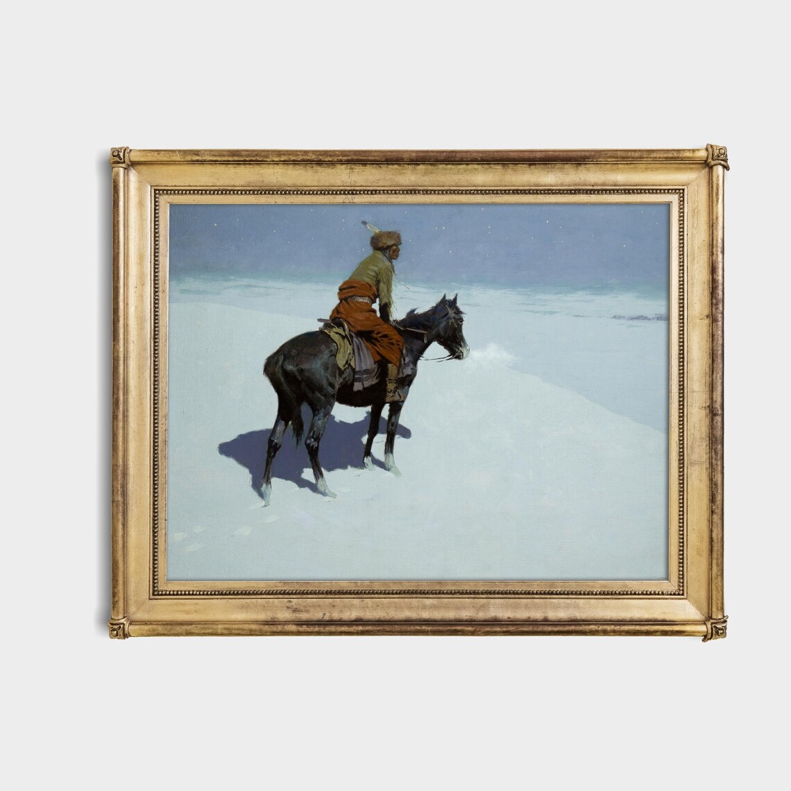 Moonlit Snow Prairie Scout on Horseback Vintage Western Art Poster - Image 4