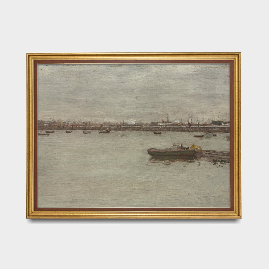 Muted Gray Harbor Painting Rowboat Antique Nautical Wall Art - Image 4