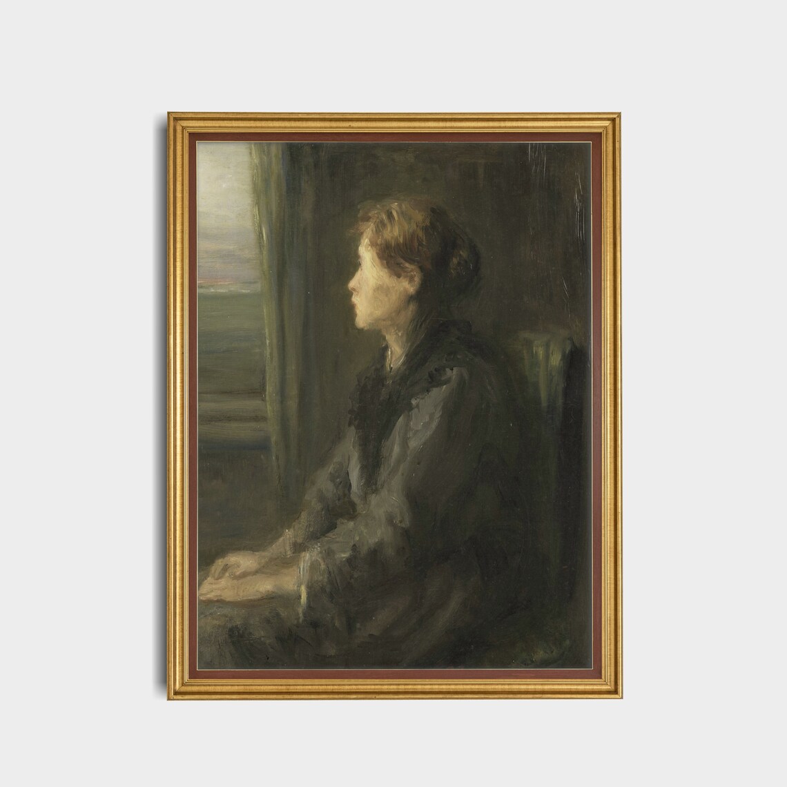 Woman Seated at a Tall Window Gazing at the Sea Vintage Wall Art - Image 3