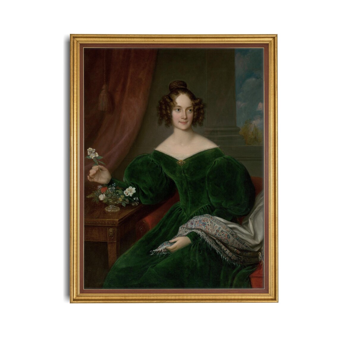 Young Woman in a Green Velvet Dress Holding Flowers Portrait Poster - Image 3