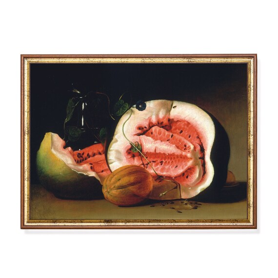 Printed And Shipped Vintage Still Life With Melons Antique Fruits Painting Moody Rustic Art Farmhouse Kitchen Decor Physical Print