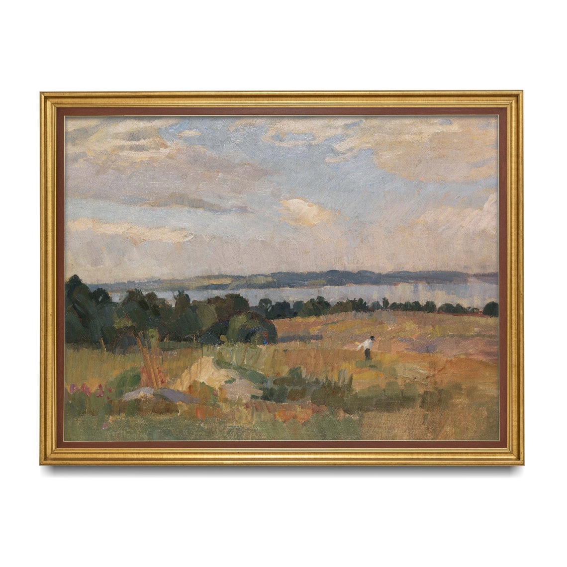 Lonely Walker in Open Field with Distant Lake Impressionist Poster - Image 5