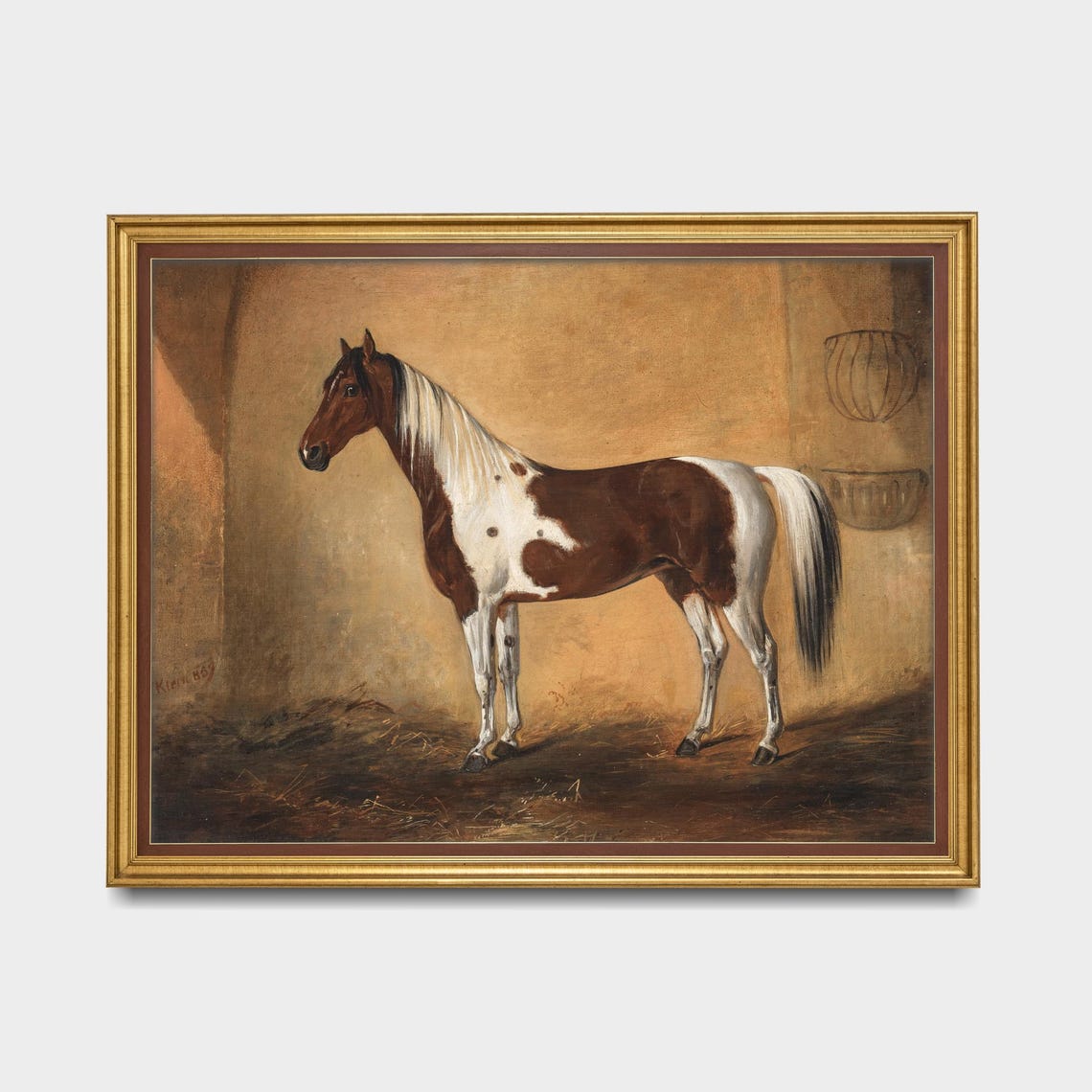 Brown and White Pinto Horse Standing in a Stable Vintage Poster - Image 5