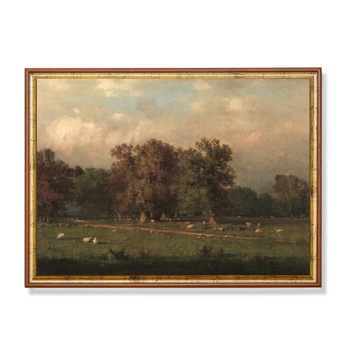 Sheep Grazing Under Sunset Clouds Vintage Pastoral Landscape Poster