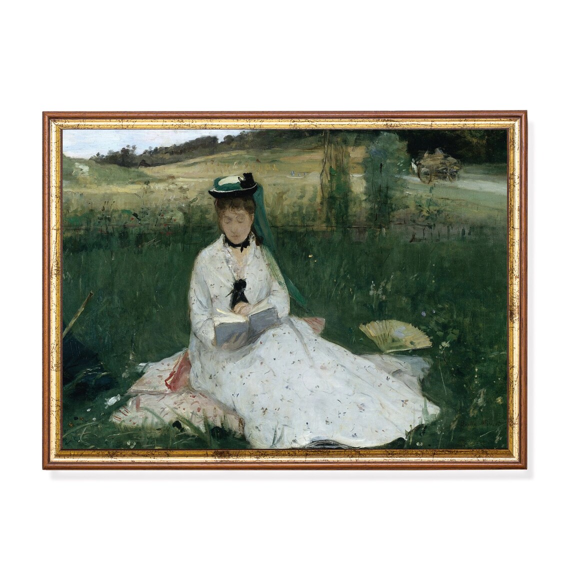 Woman Reading a Book in a Sunny Meadow Vintage Painting Poster