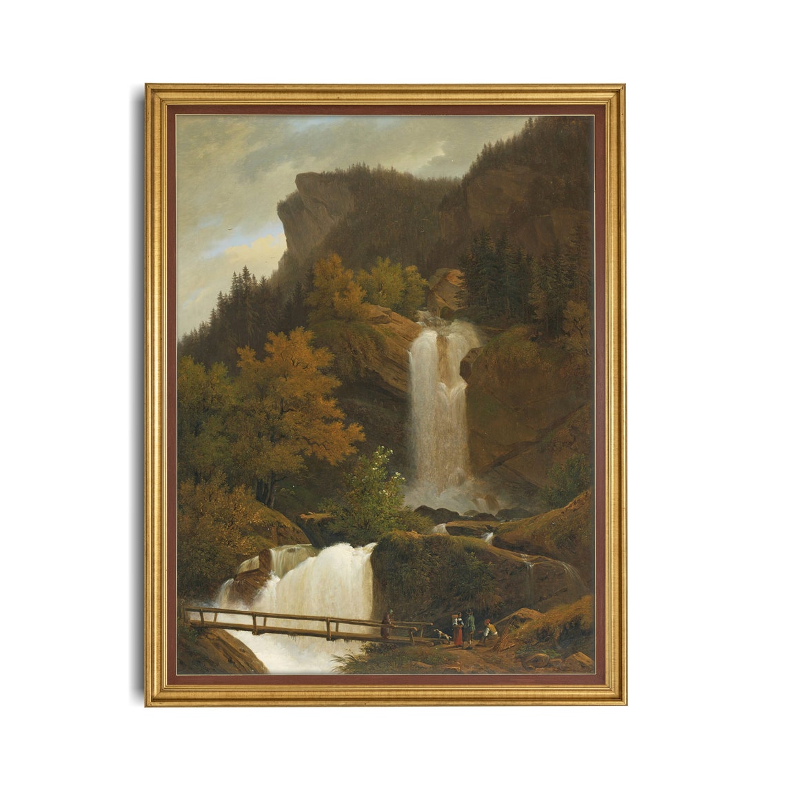 Mountain Waterfall With Bridge Vintage Landscape Painting Poster - Image 2
