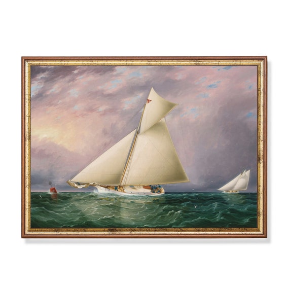 Print And Ship Vintage Sailing Ship Painting Antique Seascape Print Nautical Decor Fine Art Mailed Print Yacht Race In Harbour