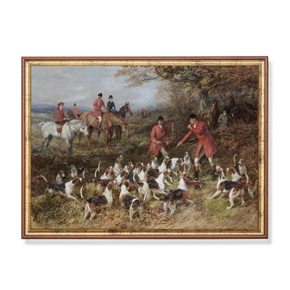 Mailed Art Vintage Hunters And Hounds Painting Antique Horse Print Moody Rustic Art Farmhouse Decor Fine Art Printed And Shipped