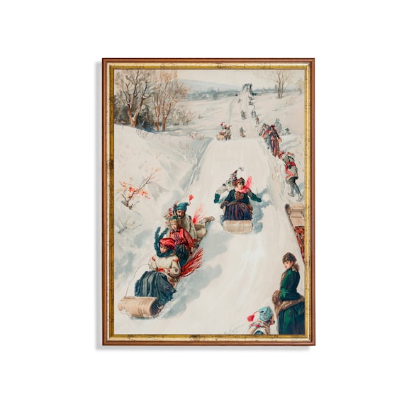 Vintage Playing In Ice, Christmas Art Print