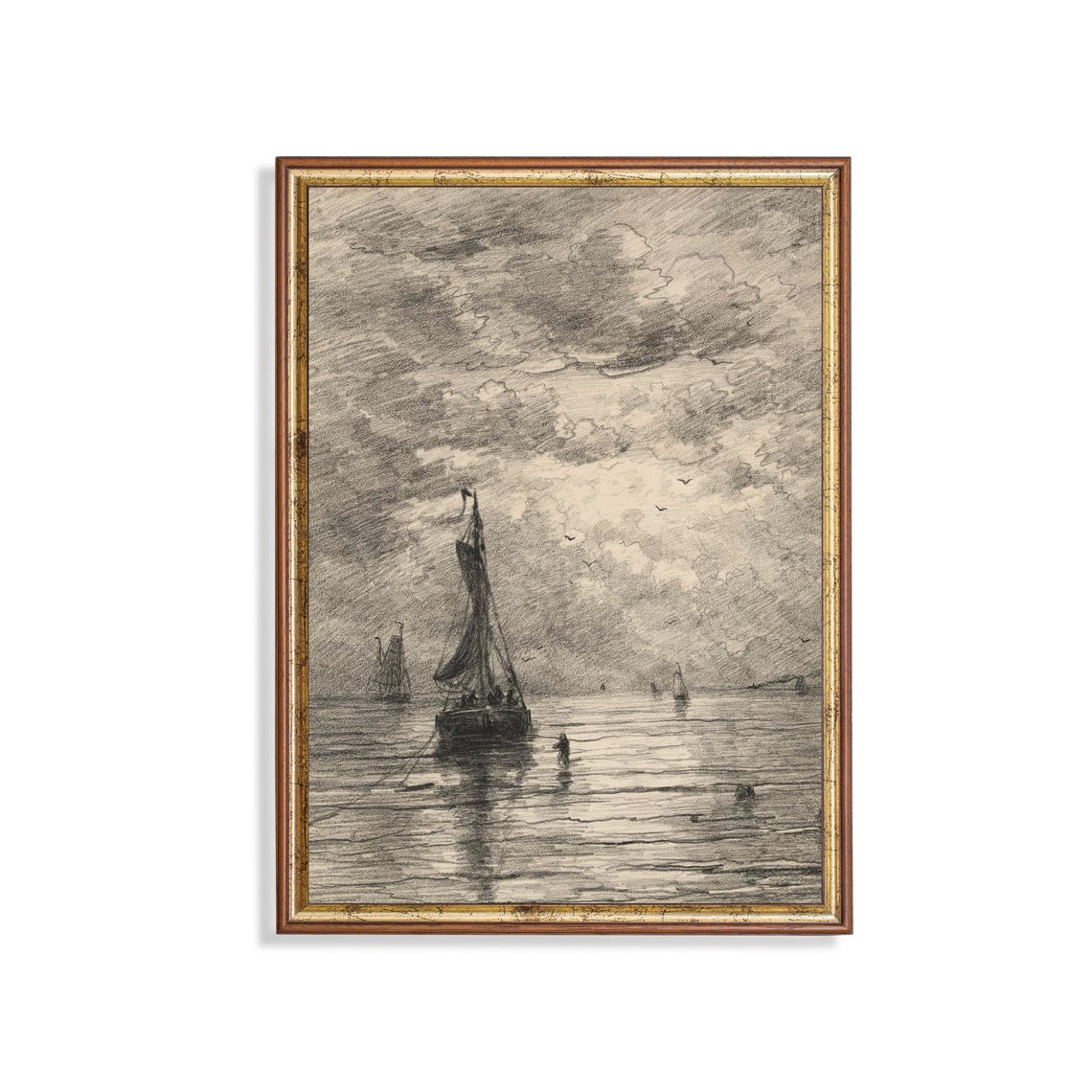 Sailboats on Water Charcoal Sketch Vintage Nautical Drawing Poster