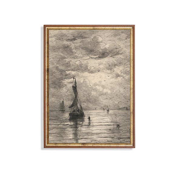 Printed And Shipped Sailboat Sketch Drawing Rustic Antique Print Seascape Vintage Wall Art Nautical Decor Physical Print