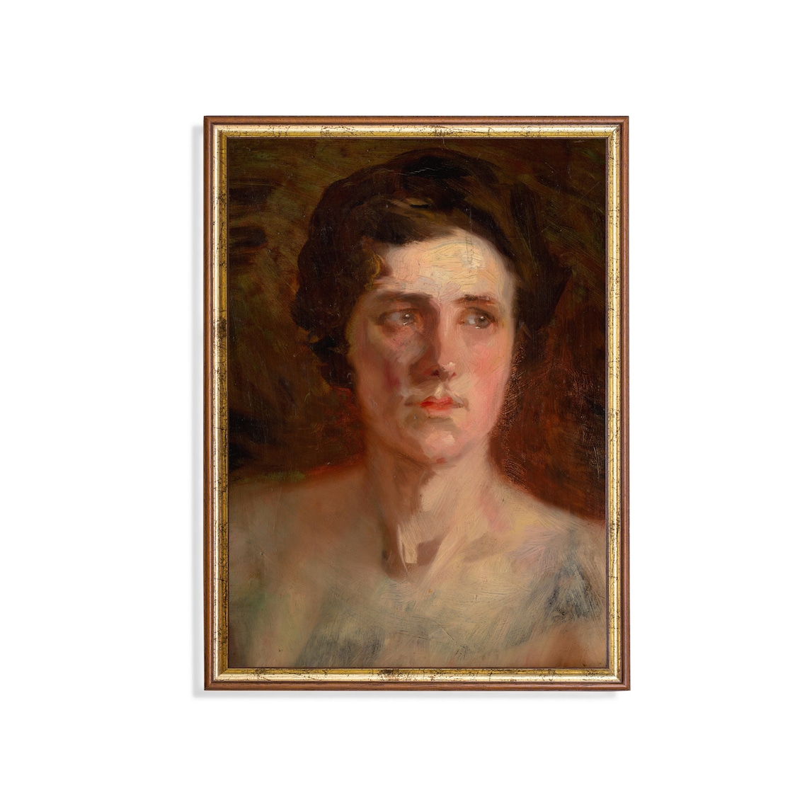 Dark-Haired Woman Glancing Aside Moody Painterly Portrait Poster