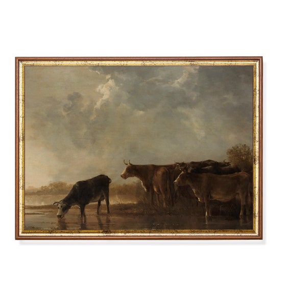 Cows Painting Vintage Animal Print Cows In River Landscape Moody Rustic Print Wall Art Farmhouse Decor