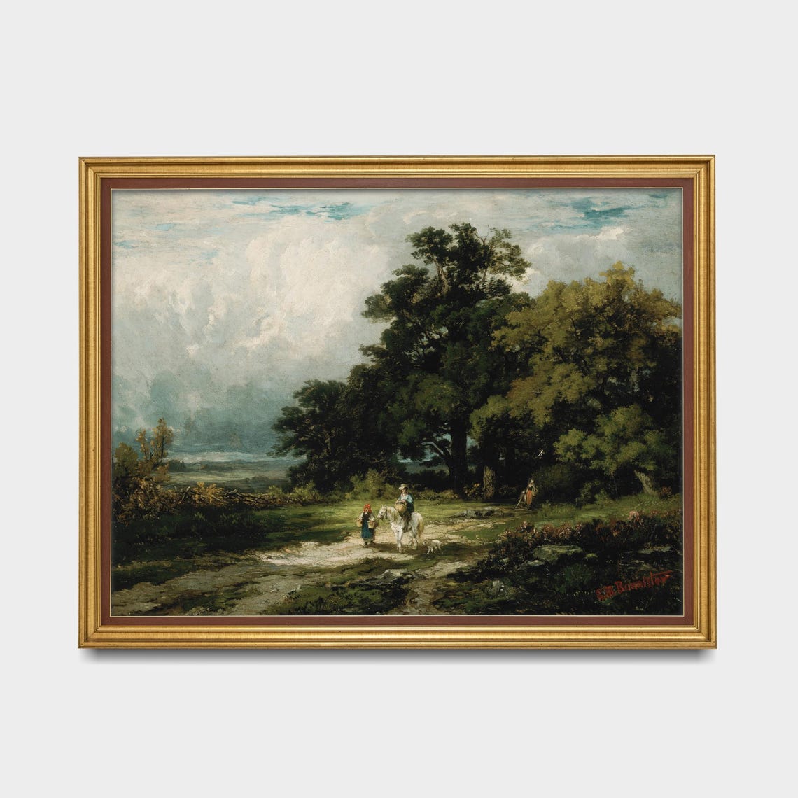 Printed And Shipped Landscape Painting Vintage Moody Rustic Art Antique Print Country Scenery Man On Horse With Woman And Dog - Image 5
