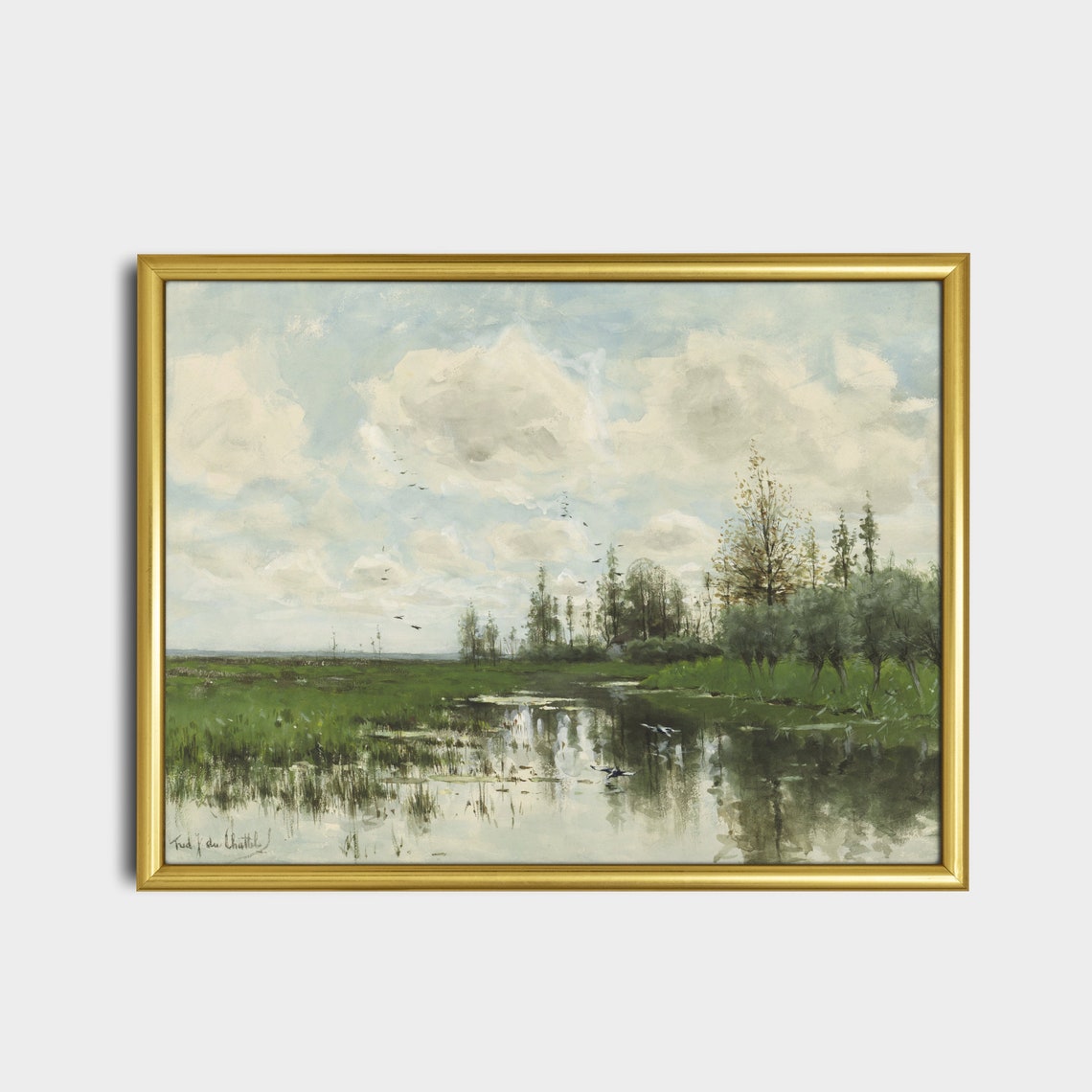 Marsh River Landscape with Birds and Drifting Clouds Vintage Poster - Image 5