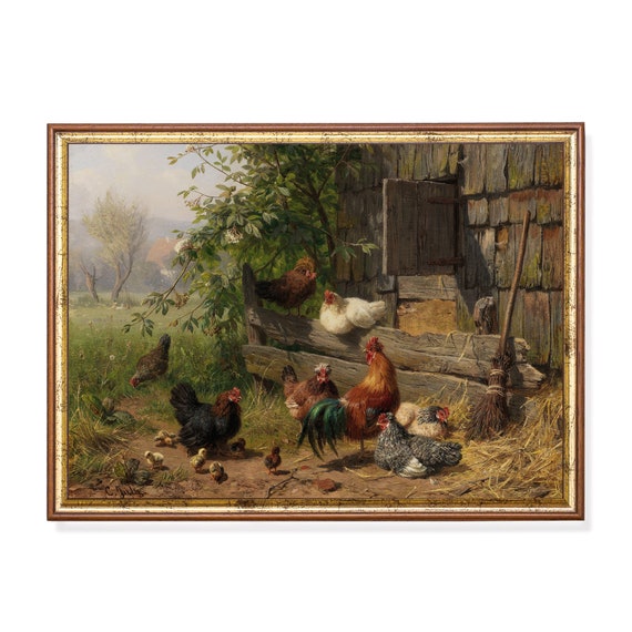 Mailed Print Vintage Rooster And Hen Painting Antique Barn Print Moody Rustic Art Print And Ship Farmhouse Decor Animal Painting
