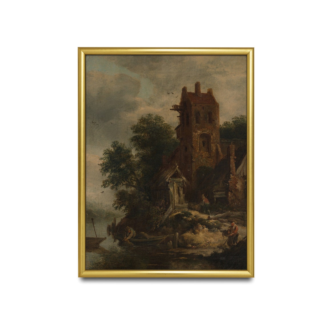 Dutch River Scene With Ruined Brick Tower and Fishermen Antique Poster