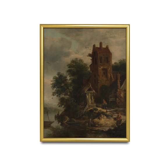 Vintage Landscape Painting Antique Vertical Oil Painting Print Moody Rustic Art Country Decor Wall Art