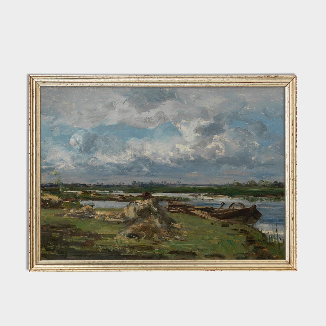 Serene Riverside Marsh Impressionist Blue Sky Landscape Poster - Image 2